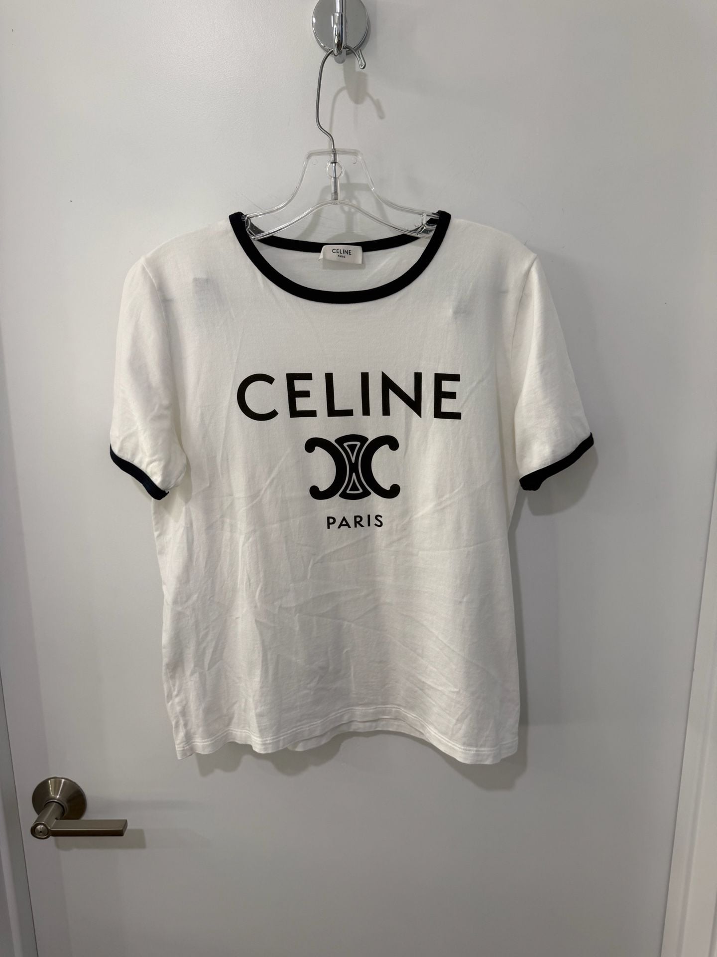 Celine Triomphe Paris Logo Graphic Ringer T-Shirt White